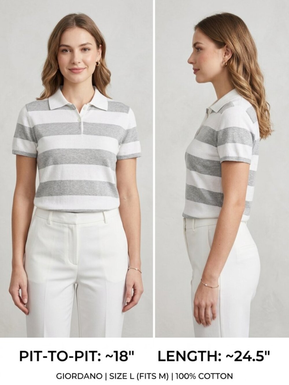 Giordano Gray White Polo Sweater Women's Cotton Shirt - Size L Fits Medium